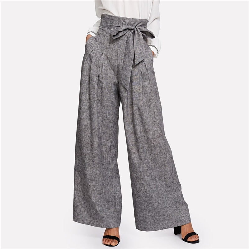 Elegant High Waist Self Belted Box Grey Loose Work Trousers Pants For Women'S