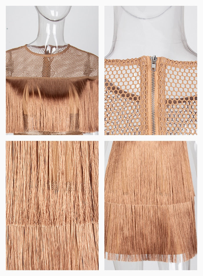 Female Sexy Nude Crewneck Off-the-shoudler Party Dress With Fringe