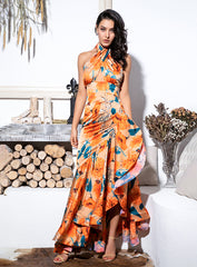 Sexy Orange Floral Print Cross Straps Backless Ruffled Maxi Dress For Ladies