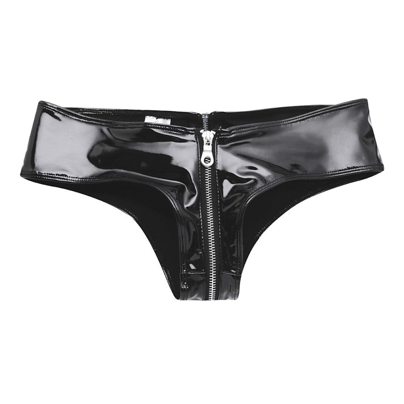 Fashionable Sexy Women's Zipper Open Crotch Leather Panties