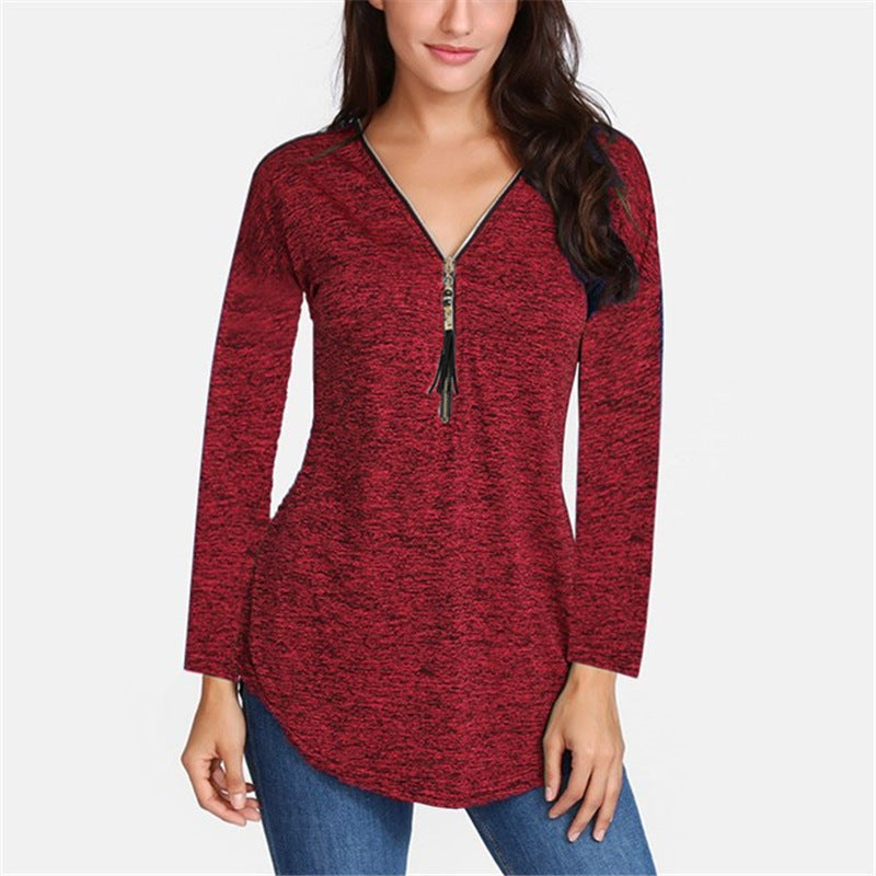 Cotton Long Sleeve V-neck Tassel Zipper T-Shirt Plus Size For Women - Sheseelady