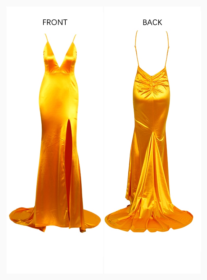 Sexy Yellow Deep V-Neck Open Back Side Slit Bodycon Sling Long Dress