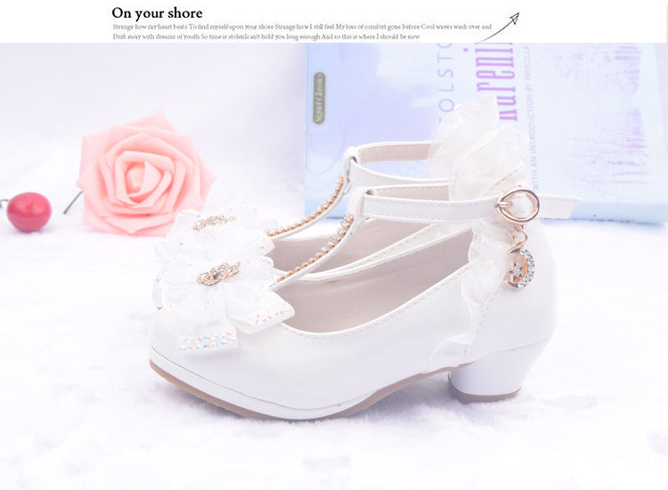 Lovely Girls' Lace Flower Trim Low-heeled PU Princess Shoes For Dance Dress