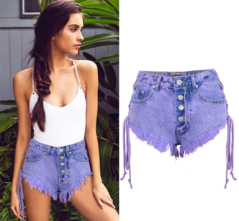 Highwaisted Mini Jeans Shorts Women Both Side Tie Mini Short Sexy Denim Shorts Jeans - Sheseelady