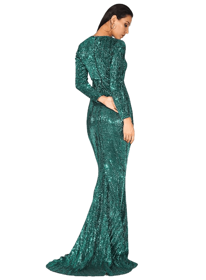 Flash Green O-Neck High Waist Fishtail Shape Pleated Sequined Stretchy Party Long Dress