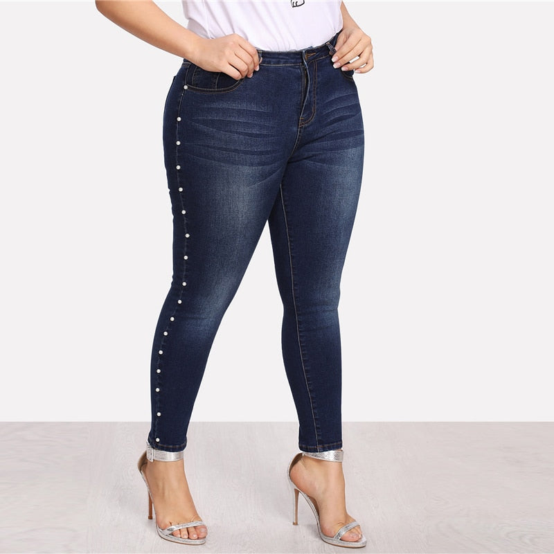 Vintage Casual Ladies' Mid Waist Skinny Jeans With Imitation Pearls Blue