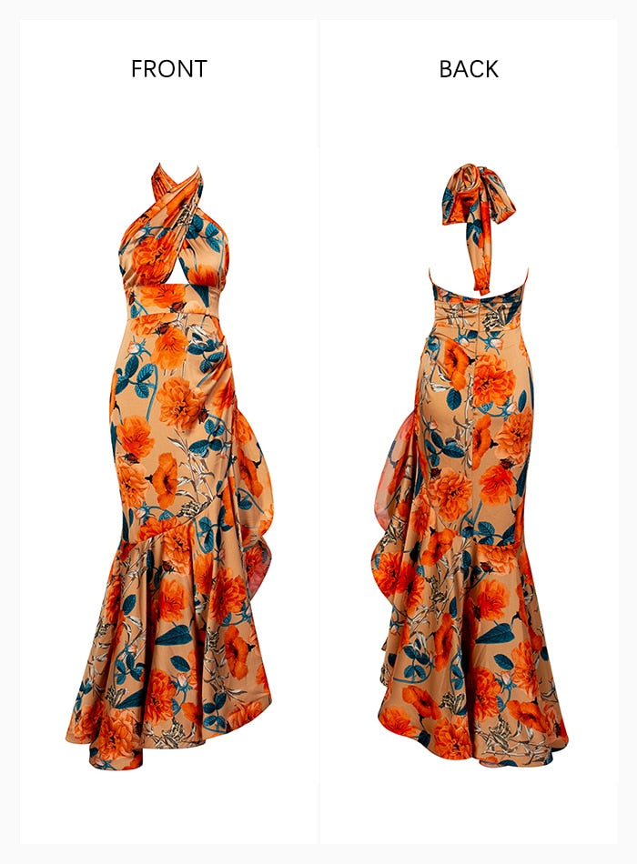 Sexy Orange Floral Print Cross Straps Backless Ruffled Maxi Dress For Ladies