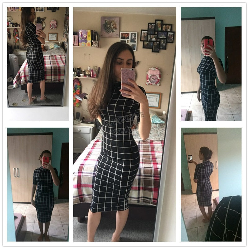 Plaid Pencil Dress Stand Collar Short Sleeve Midi Autumn Winter Women Ol Work Elegant Bodycon