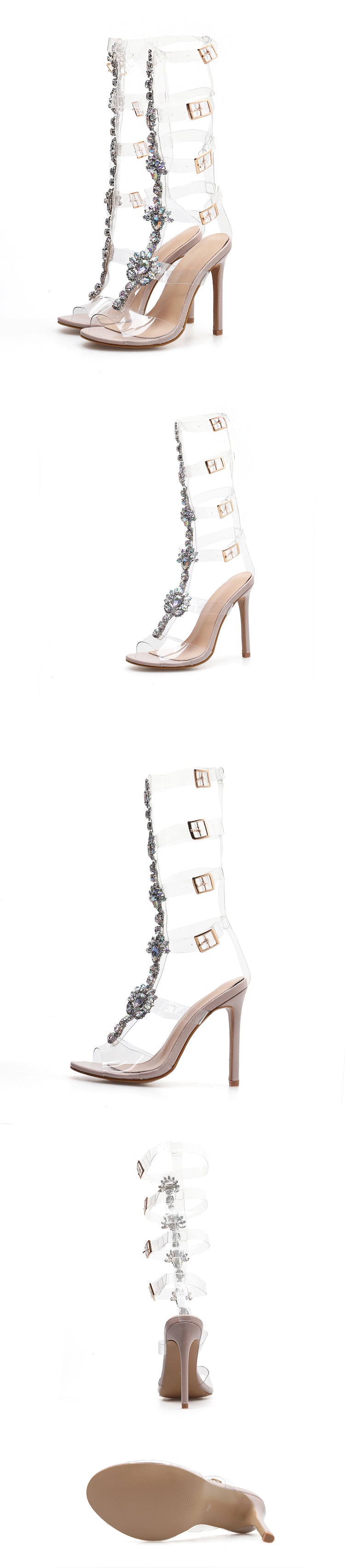 Plus Shoes Sexy Gladiator Knee High Transparent Buckle Sandals Fashion Crystal Flower Heel Women Sandal