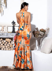 Sexy Orange Floral Print Cross Straps Backless Ruffled Maxi Dress For Ladies