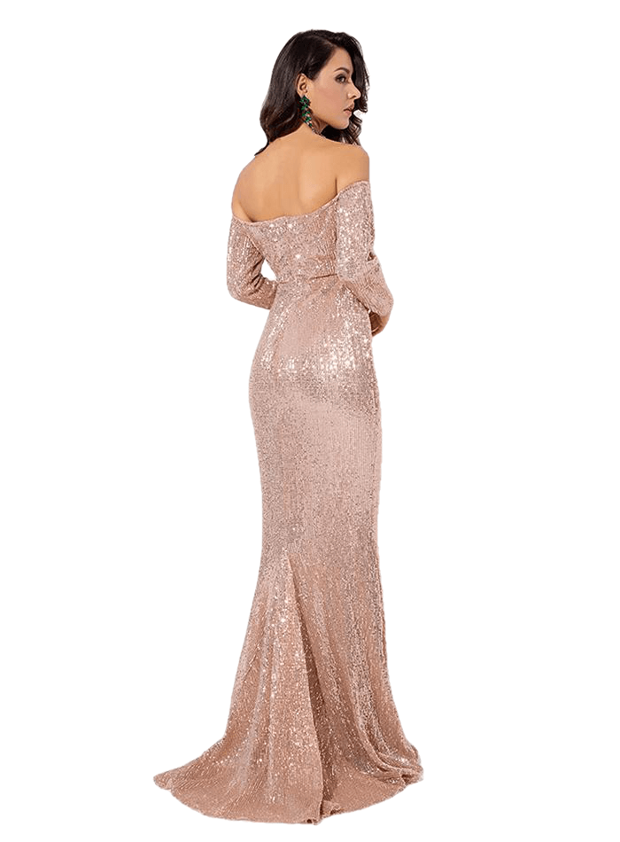 Gold Deep V Collar Long Sleeve Elastic Sequin Material Dress