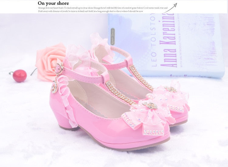 Lovely Girls' Lace Flower Trim Low-heeled PU Princess Shoes For Dance Dress