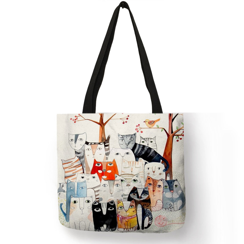 Cute Cartoon Anime Cat Print Linen Tote Bag Women Fashion Handbags School Travel Shopping Shoulder Bags Reusable