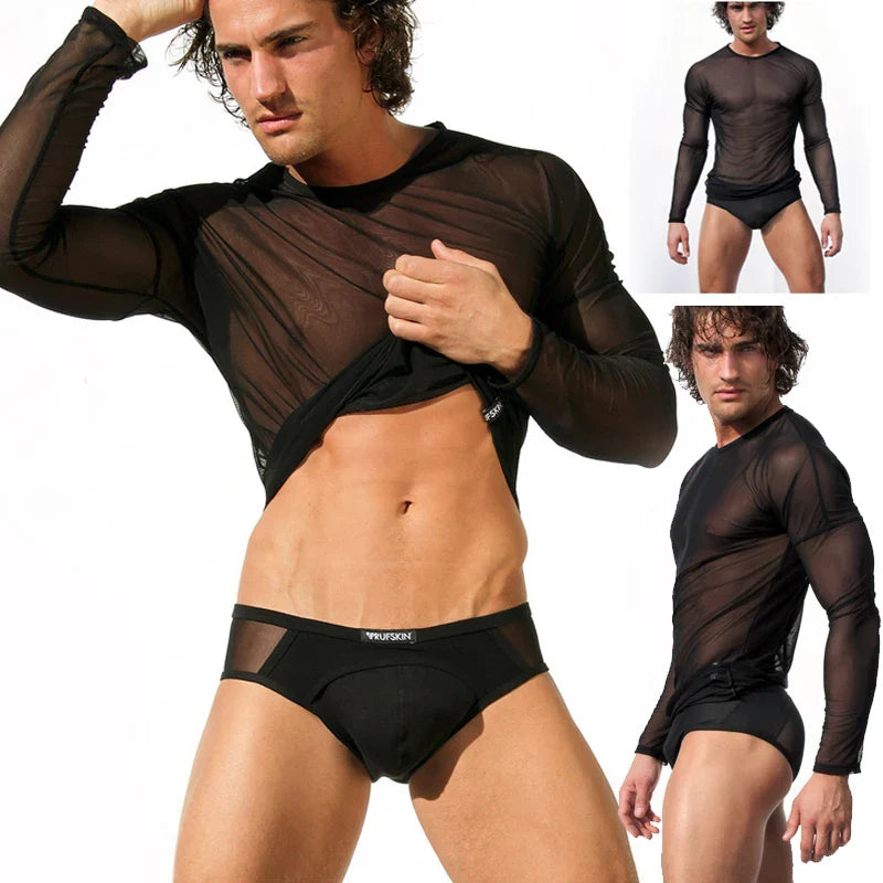 Mens T Shirts Undershirt Gay clothing Nylon Mesh See Through Sheer Long Sleeves Tops Sexy transparent Thin Underwear