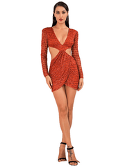 Sexy Orange Deep V-neck Open Back Slim Fit Party Dress For Ladies