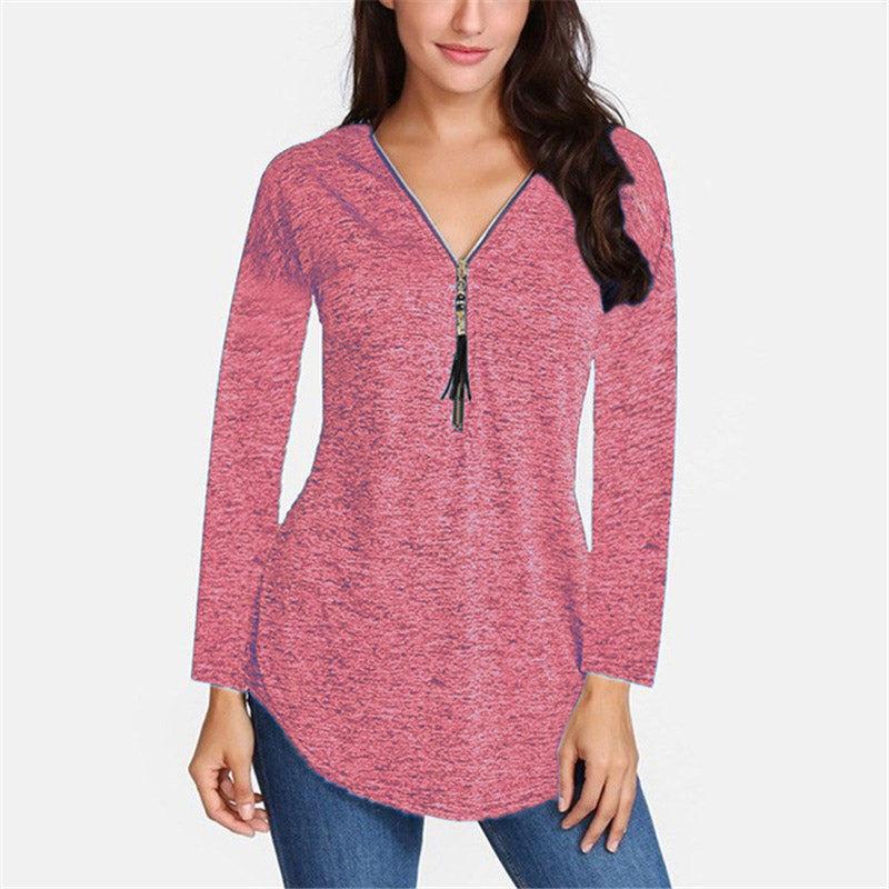 Cotton Long Sleeve V-neck Tassel Zipper T-Shirt Plus Size For Women - Sheseelady