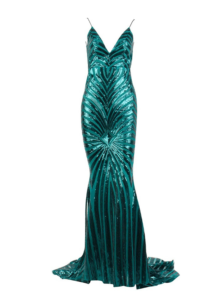 Sexy Green Deep V-neck Open Back Geometry Sequins Long Dress