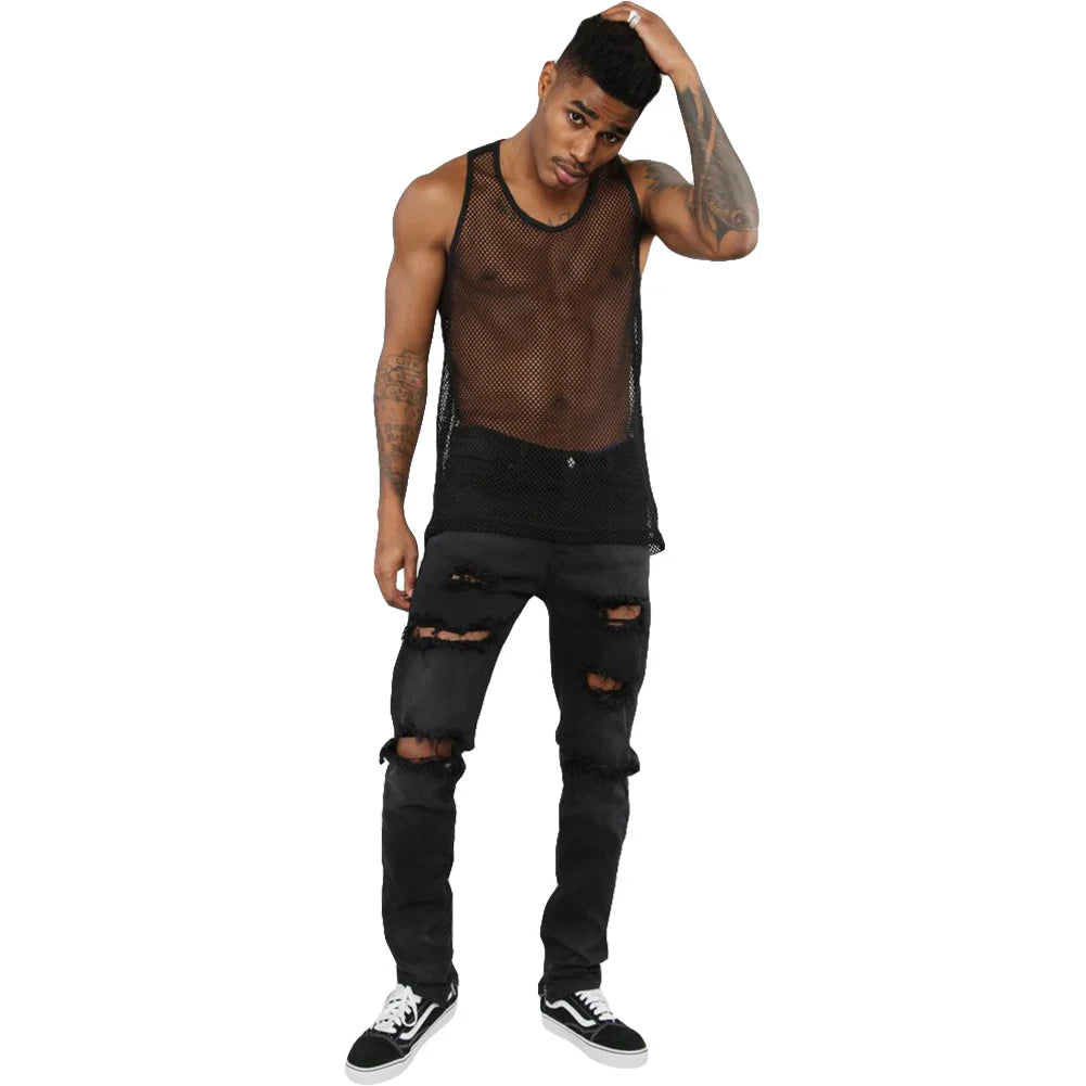 Men Summer Sexy Sheer Mesh Tank Tops See-through Fishnet Slim Fit Tank Vest Male Gym Muscle Tanks Tops Tee Costumes