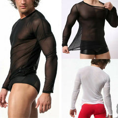 Mens T Shirts Undershirt Gay clothing Nylon Mesh See Through Sheer Long Sleeves Tops Sexy transparent Thin Underwear