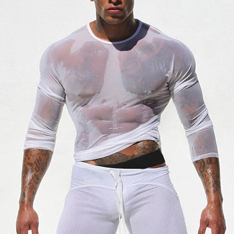 Mens T Shirts Undershirt Gay clothing Nylon Mesh See Through Sheer Long Sleeves Tops Sexy transparent Thin Underwear