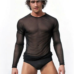 Mens T Shirts Undershirt Gay clothing Nylon Mesh See Through Sheer Long Sleeves Tops Sexy transparent Thin Underwear