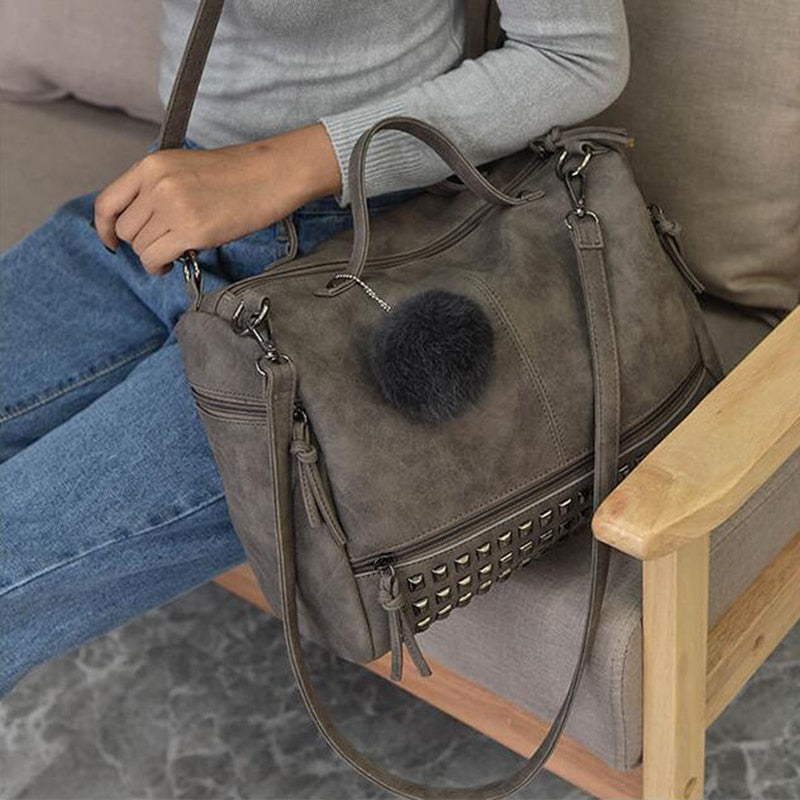 Hot Vintage Nubuck Leather Top-Handle & With Hair Ball Tassel Bag - Sheseelady