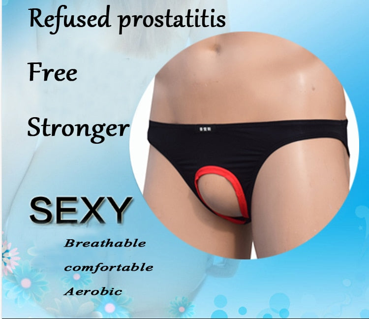 Solid Color Sexy Men's Low Waist Underwear With Penis Hole Open Pouch
