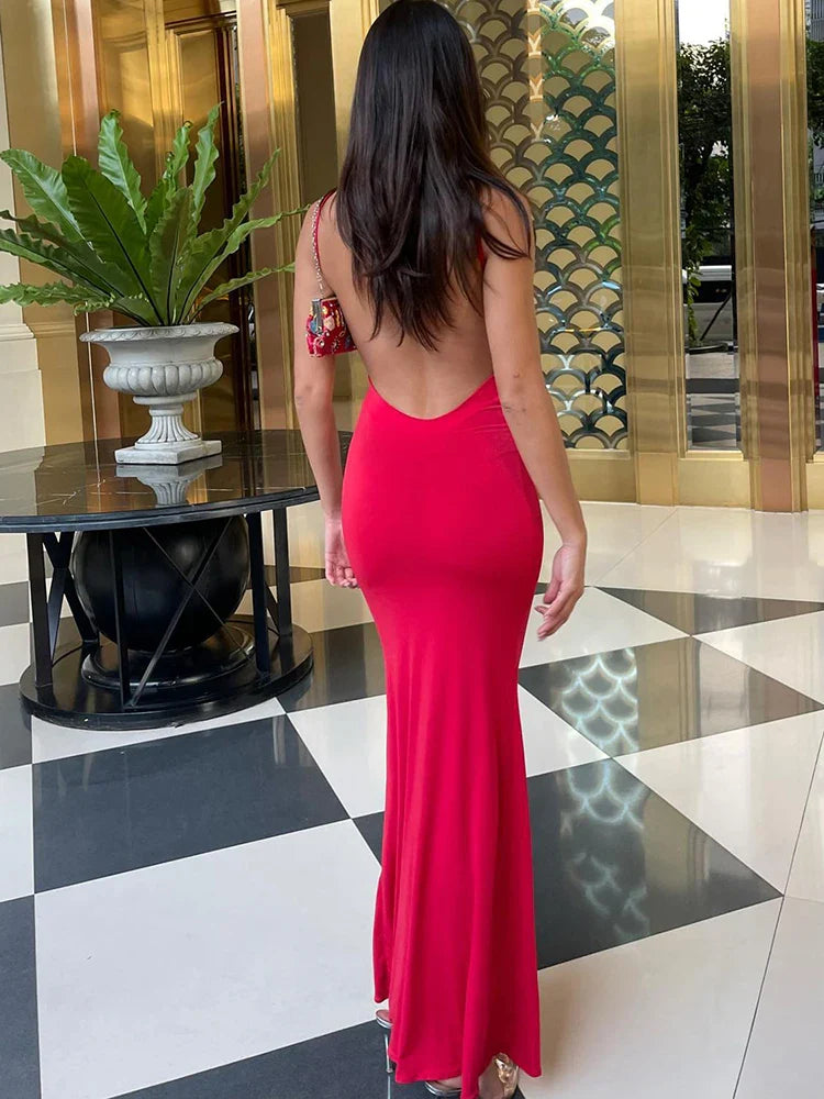 Spring Solid Sleeveless Backless Elegant Sexy Bodycon  Maxi Prom Dress Women Clothes Birthday Party Casual