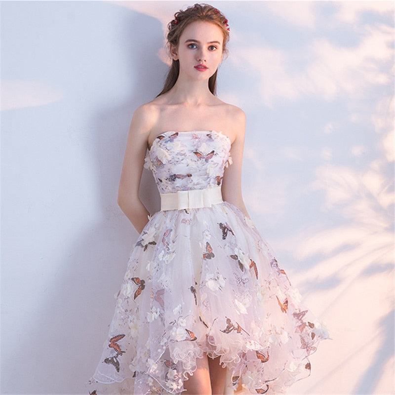 Elegant Strapless Pleat Lace Up High-Low Asymmetry Gown - Sheseelady