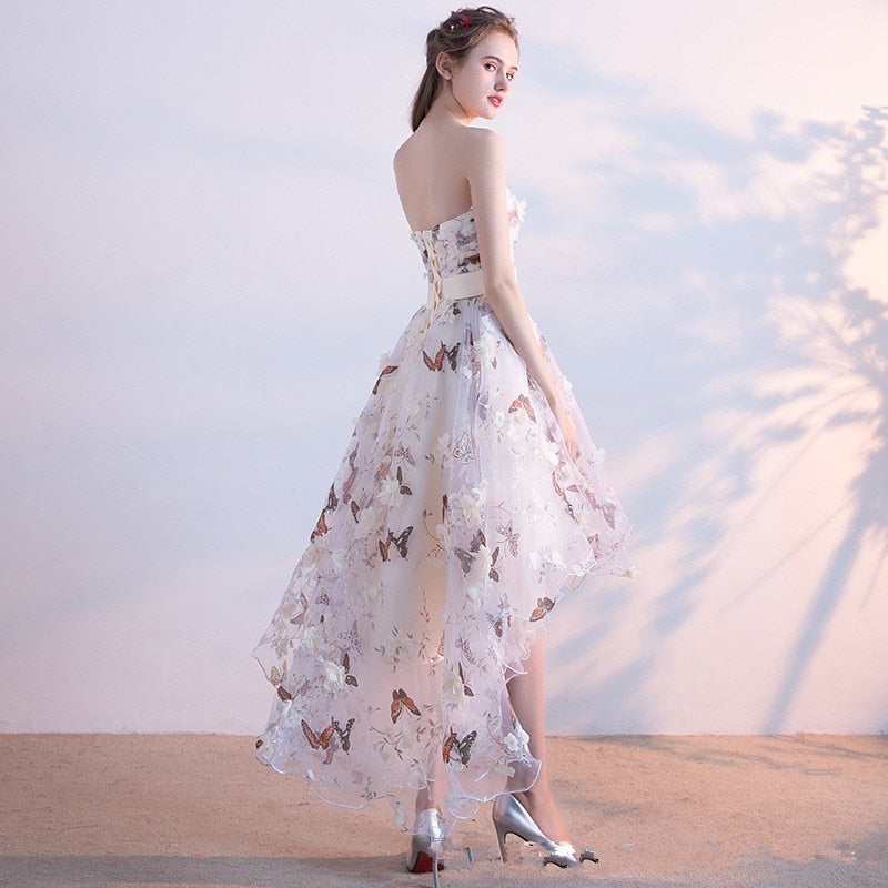 Elegant Strapless Pleat Lace Up High-Low Asymmetry Gown - Sheseelady