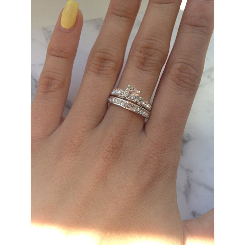 2Pcs/Lot Silver Double Rings Set Engagement Woman Cubic Zirconia Ring For Women Ladies Lover Party Wedding Jewelry - Sheseelady