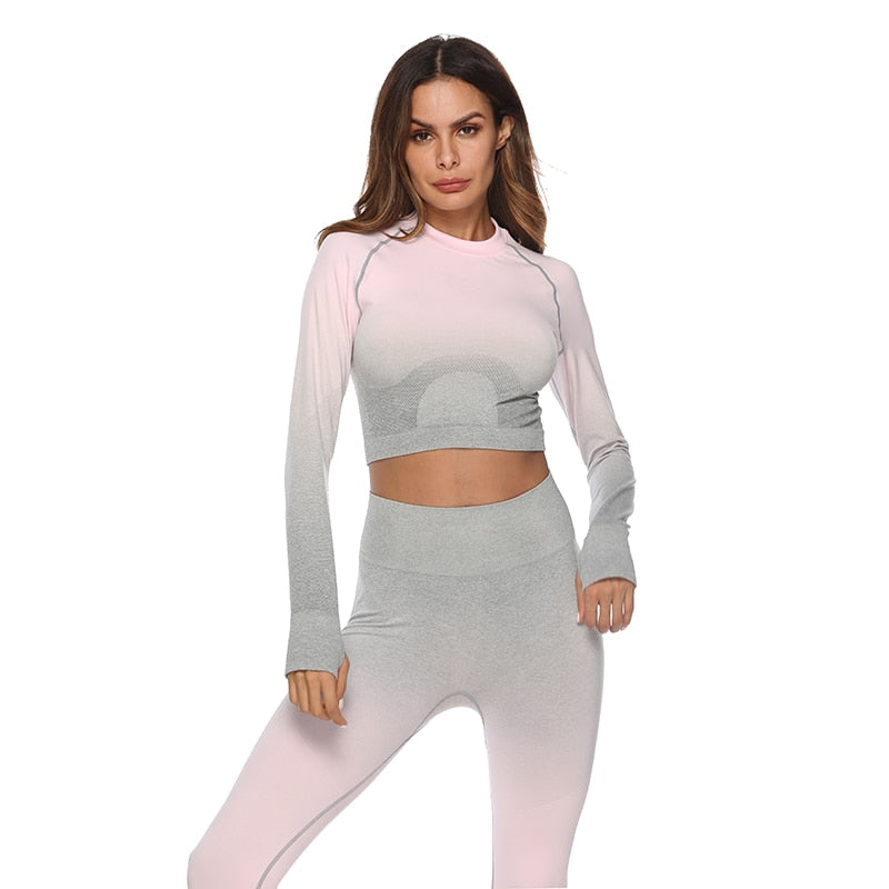 Fashion Fitness Leggings Ombre Seamless Crop Tops For Women Two Piece Set Sportswear Sweatshirt Tracksuit Women Sets - Sheseelady