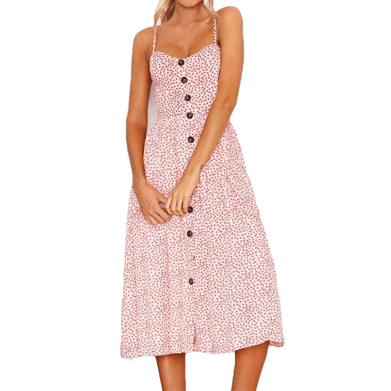 Floral Print Sexy Deep V-neck Off-shoulder Mid-Calf Button Beach Dress