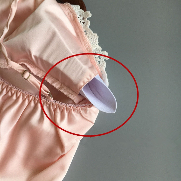 Ladies Sexy Nightdress Silk V-Neck Floral Sleepwear Lingerie Babydoll Nightgown Mini Sleeveless Women Sleepshirt With Padded Bra - Sheseelady