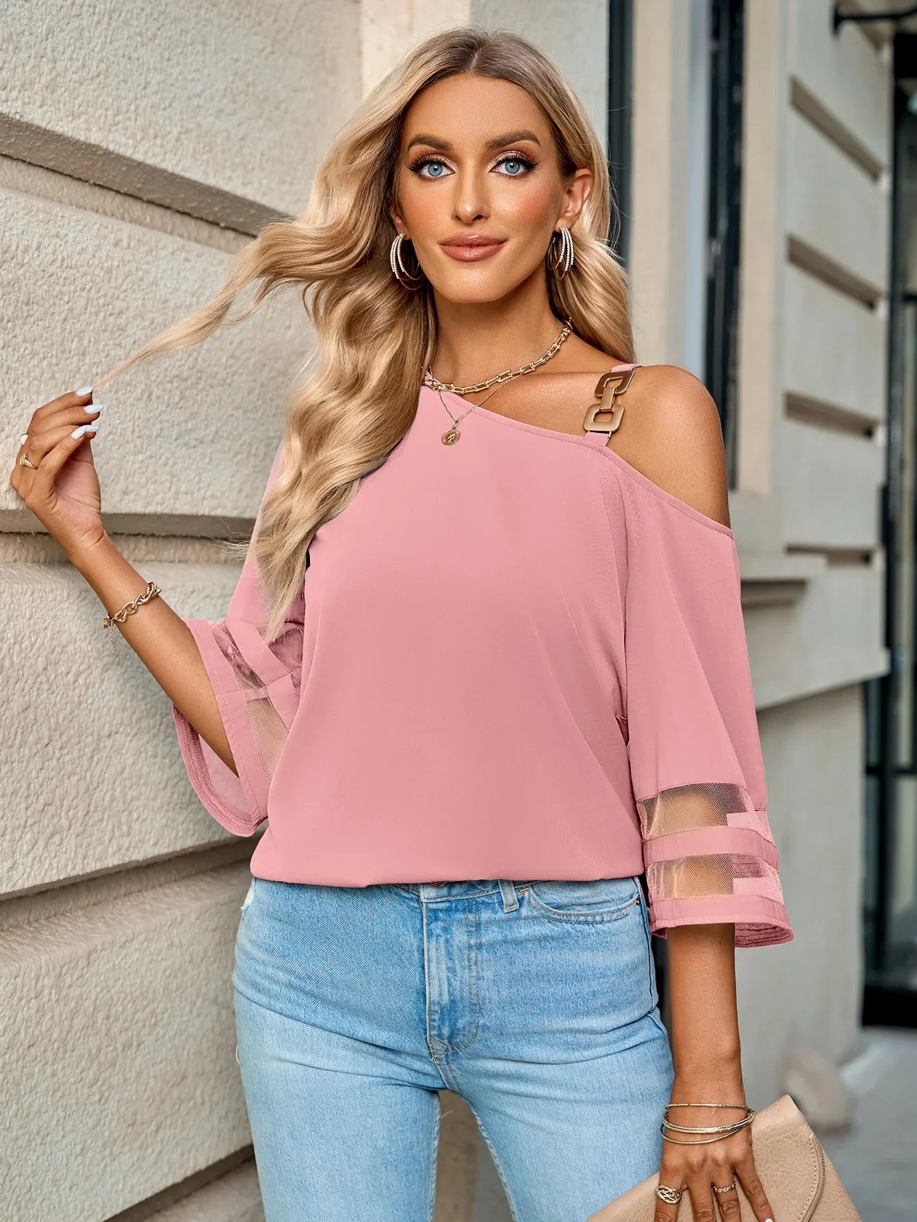 Women Spring Summer New Women's Clothing Fashion Casual Solid Color Skew Collar Metal Buckle Top Shirts