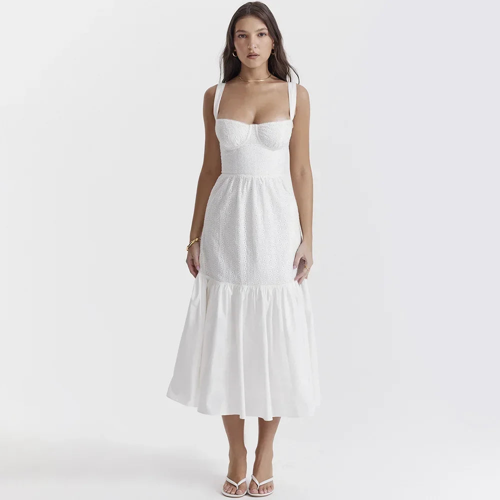 White Women's Summer Dress Linen-cotton Blend Jacquard Dress Elegant Sexy Midi Vacation Holiday Dress