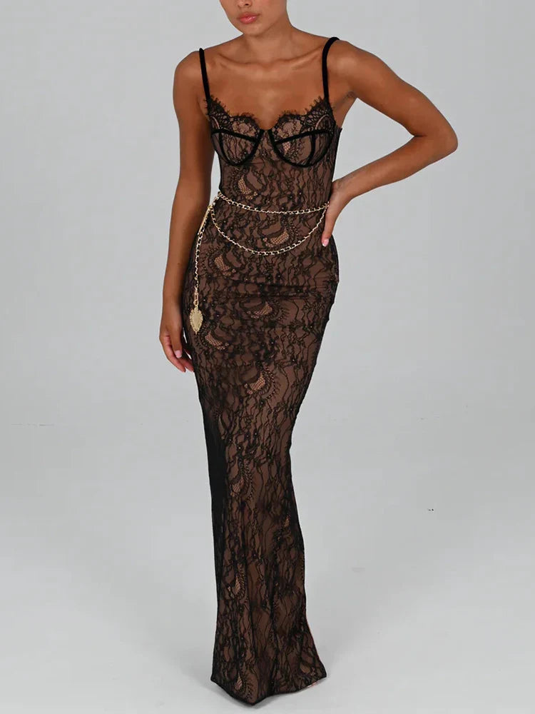 Elegant Lace Print Maxi Dress For Women Spaghetti Strap Sleeveless Backless Bodycon Club Party Sexy Evening Dress