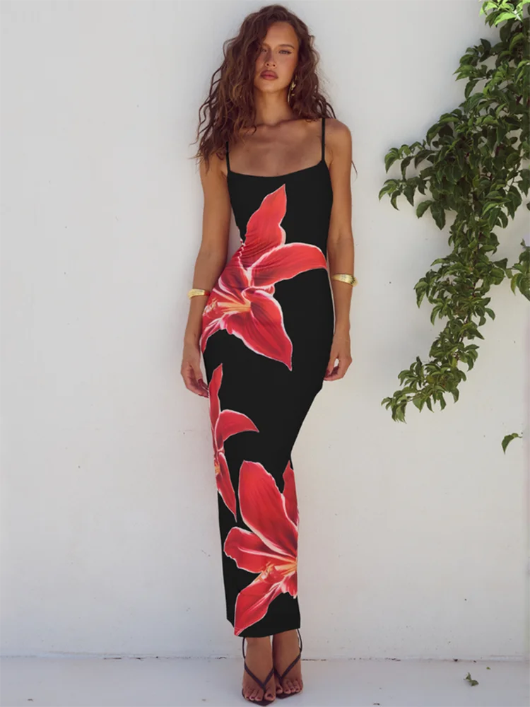 Floreal Print Long Dress For Women Gown Summer New Spaghetti Strap Sleeveless Backless Bodycon Sexy Midi Dress Elegant