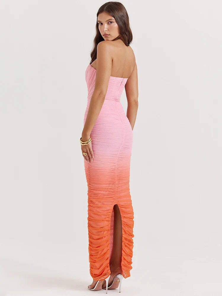 Gradient Strapless Backless Sexy Maxi Dress For Women Fashion Off-shoulder Sleeveless Bodycon Back Split Long Dress