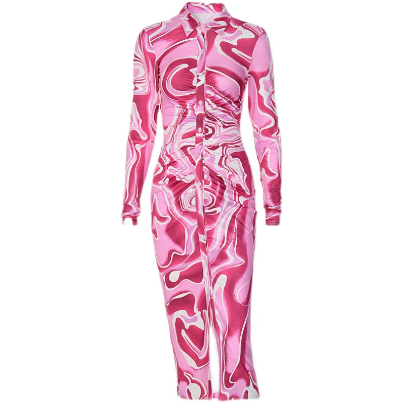 Polo Fashion Water Ripple V collar Slim Looking Long Sleeve Dress