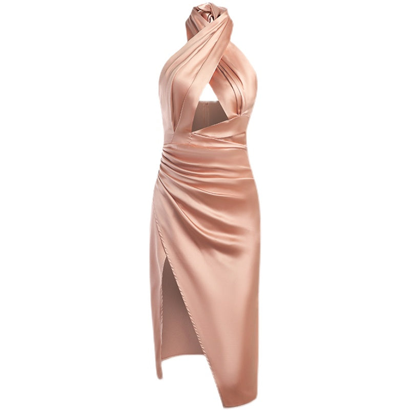 Graceful Satin Halter Dress - Solid Color, Elegant Style