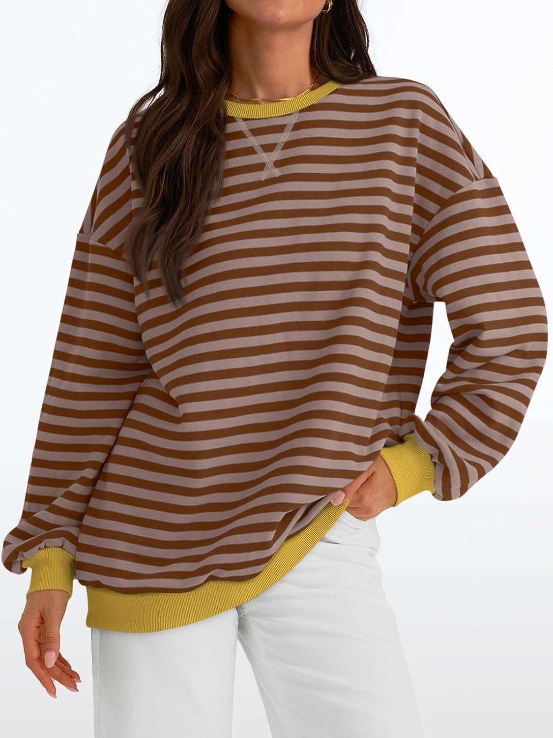 Women's Striped Crewneck Sweatshirt - Oversized Long Sleeve Casual Pullover Top