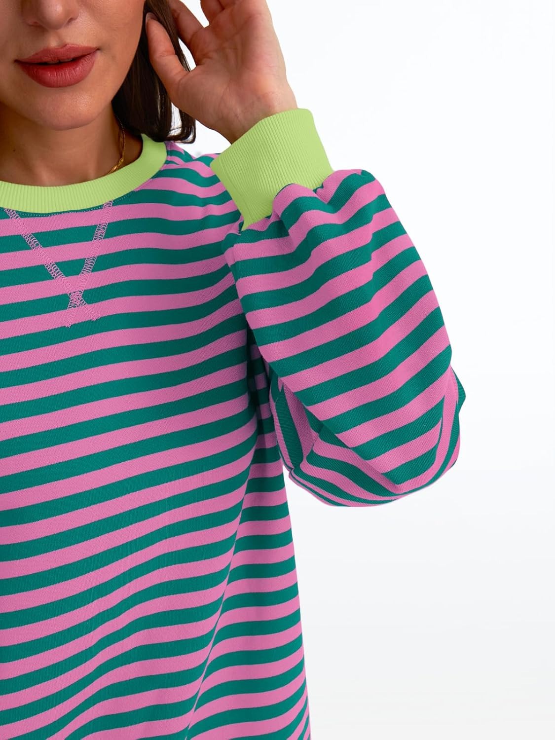 Women's Striped Crewneck Sweatshirt - Oversized Long Sleeve Casual Pullover Top