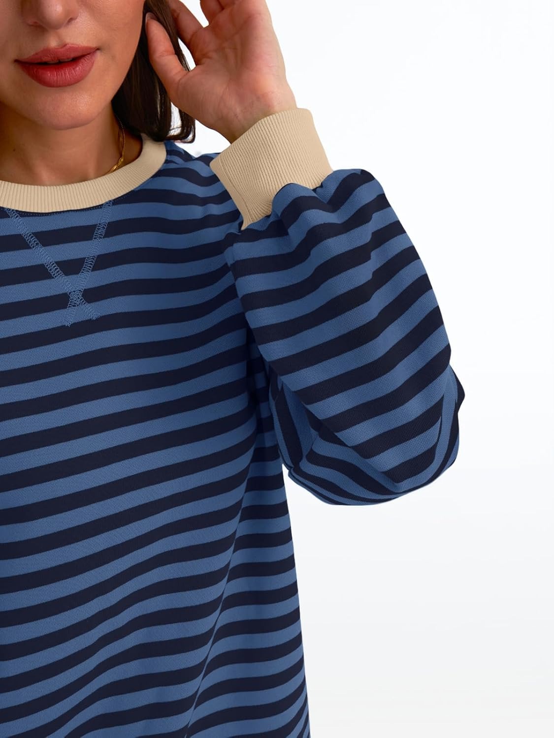 Women's Striped Crewneck Sweatshirt - Oversized Long Sleeve Casual Pullover Top