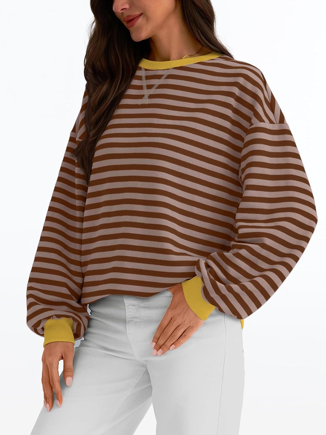 Women's Striped Crewneck Sweatshirt - Oversized Long Sleeve Casual Pullover Top