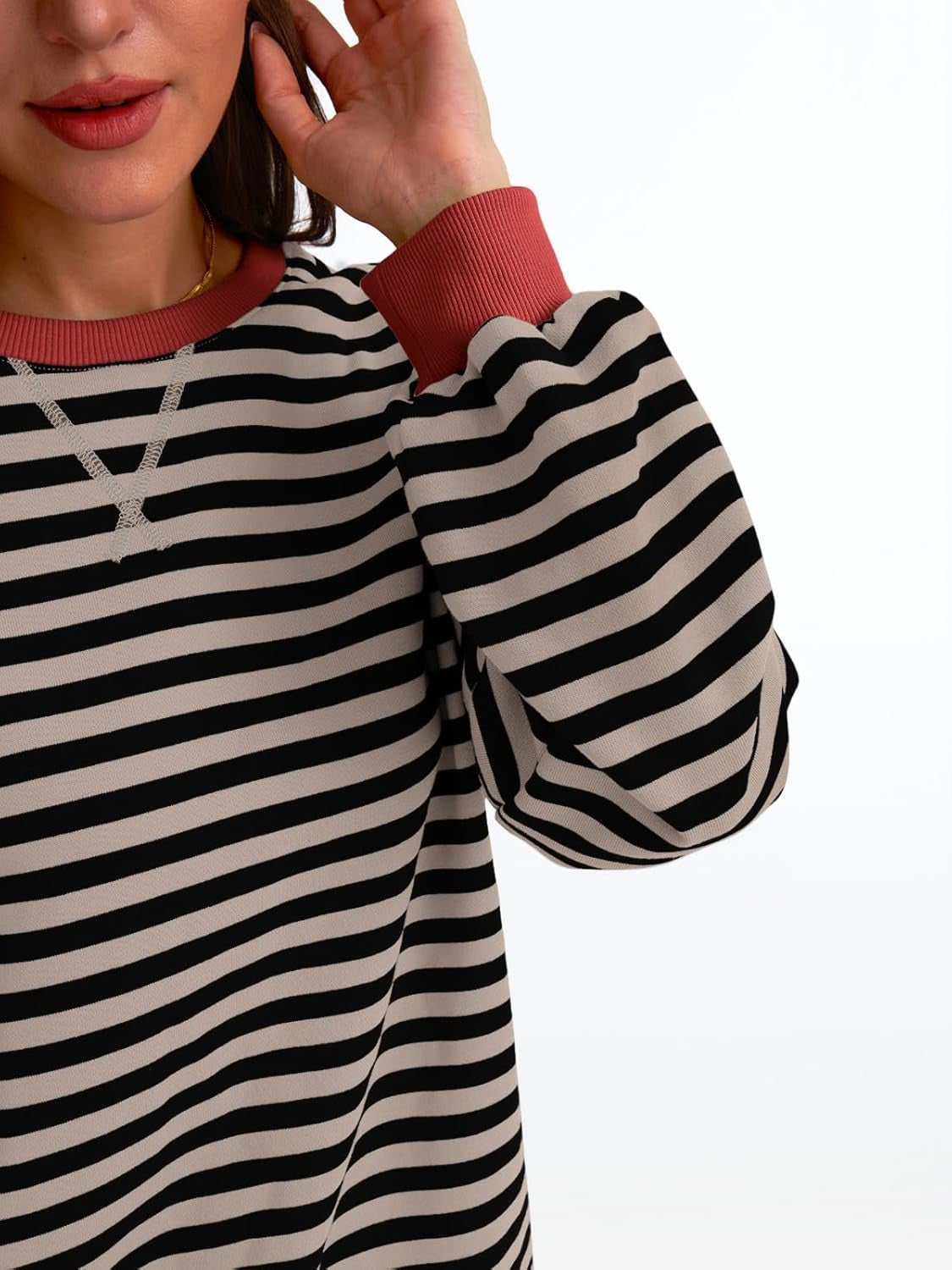 Women's Striped Crewneck Sweatshirt - Oversized Long Sleeve Casual Pullover Top