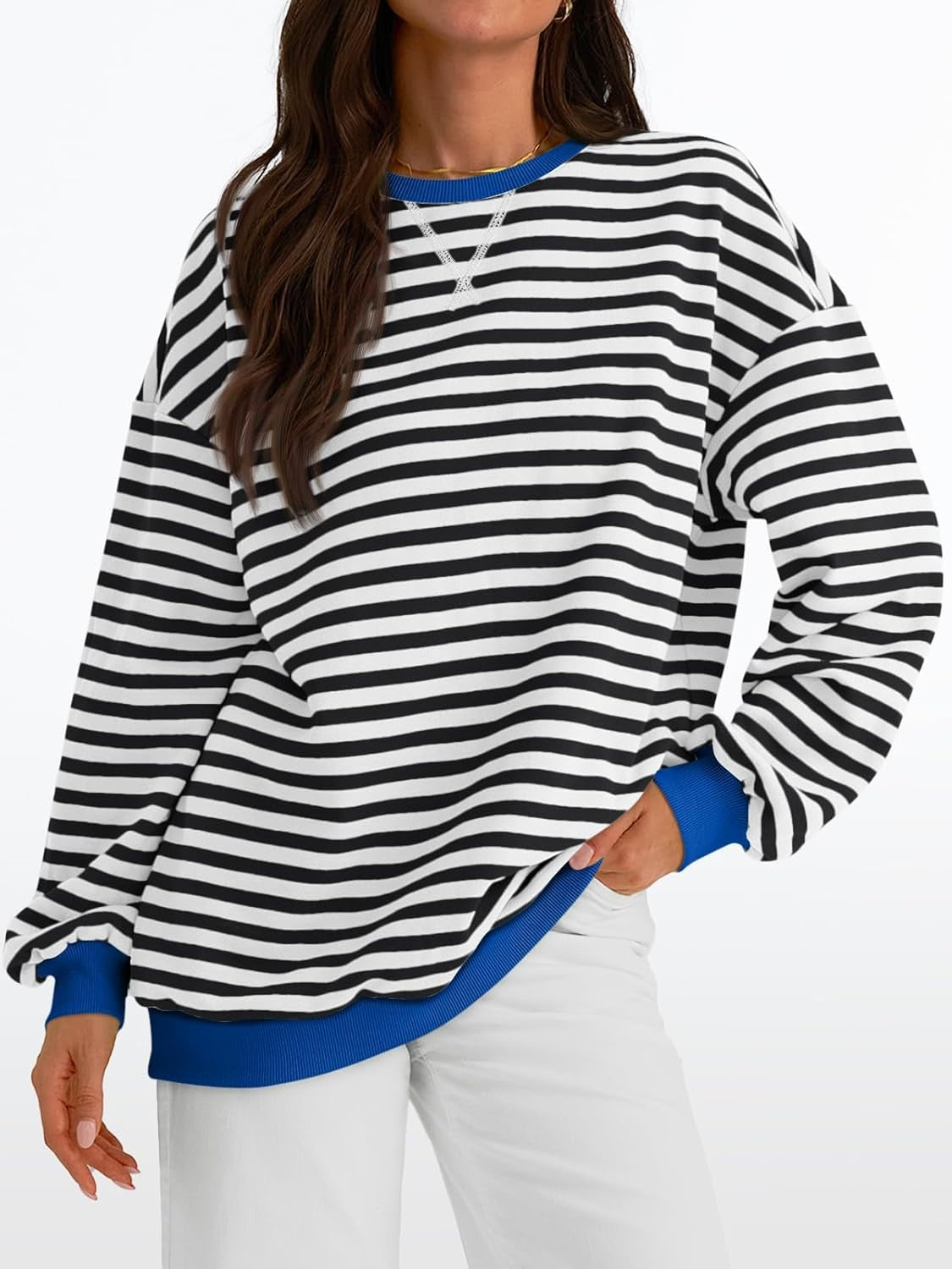 Women's Striped Crewneck Sweatshirt - Oversized Long Sleeve Casual Pullover Top