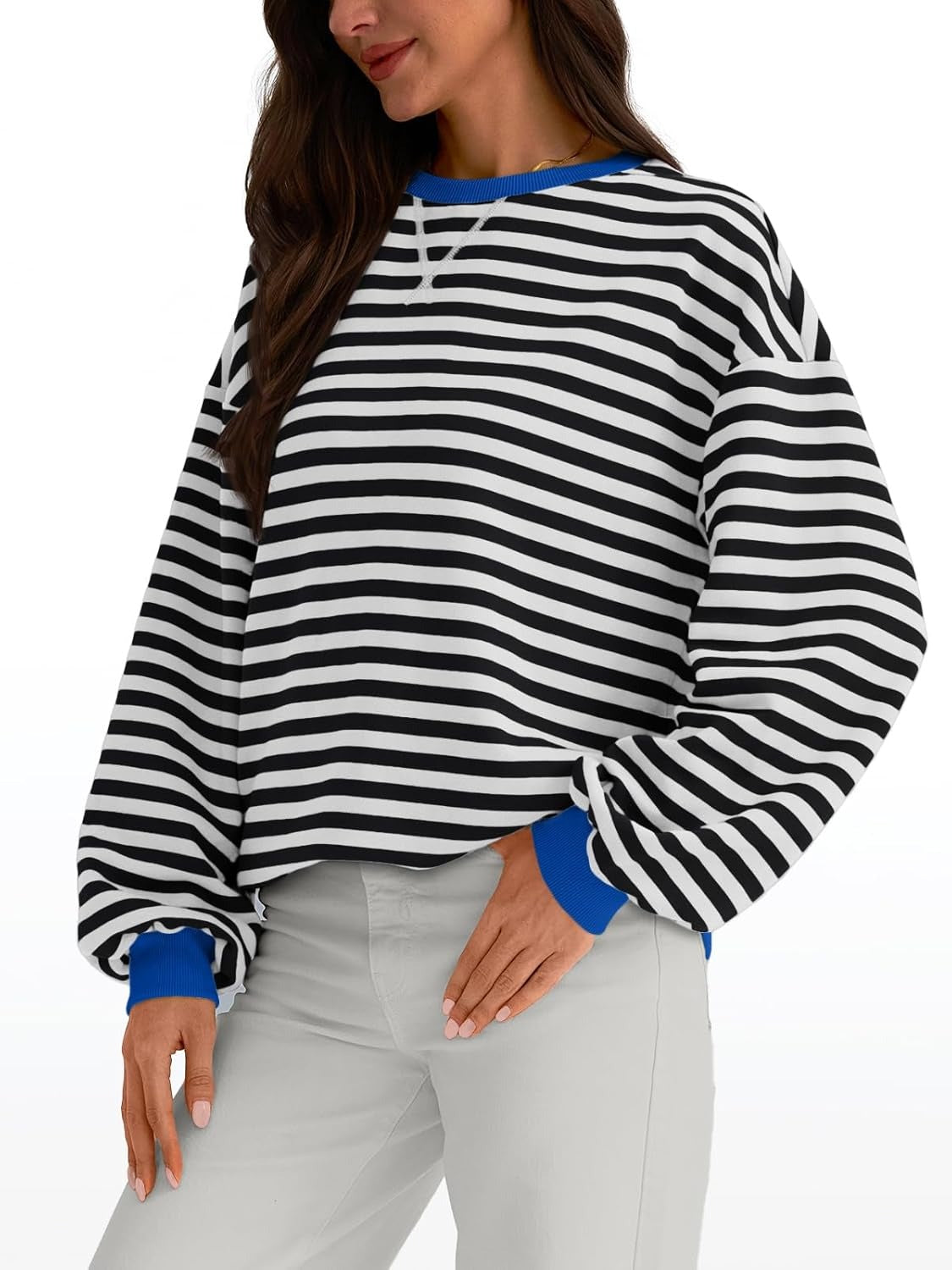 Women's Striped Crewneck Sweatshirt - Oversized Long Sleeve Casual Pullover Top