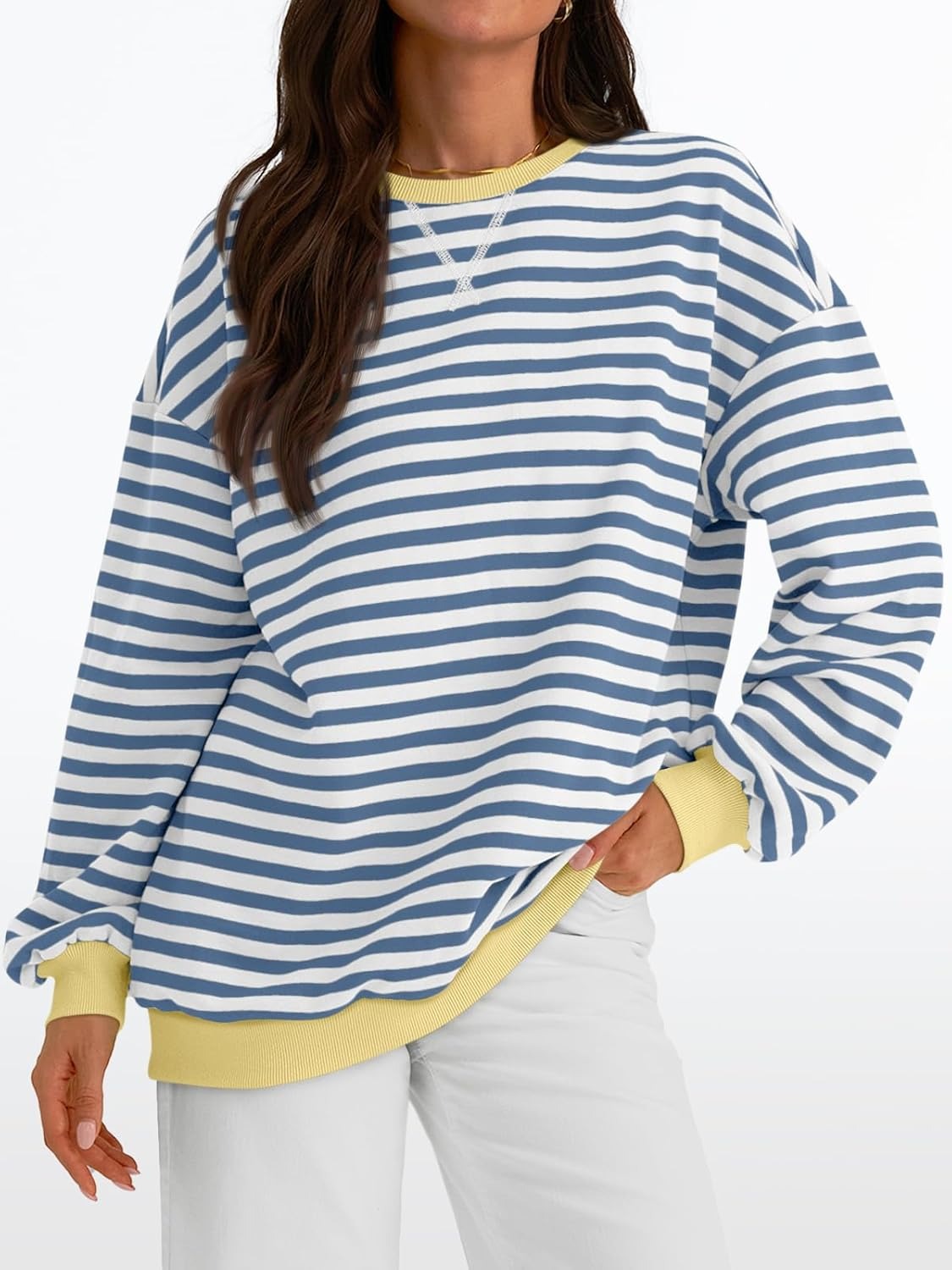 Women's Striped Crewneck Sweatshirt - Oversized Long Sleeve Casual Pullover Top