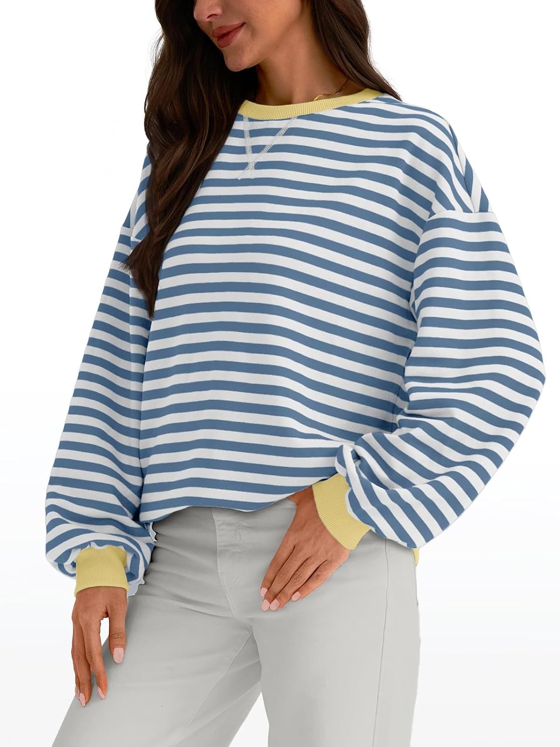 Women's Striped Crewneck Sweatshirt - Oversized Long Sleeve Casual Pullover Top